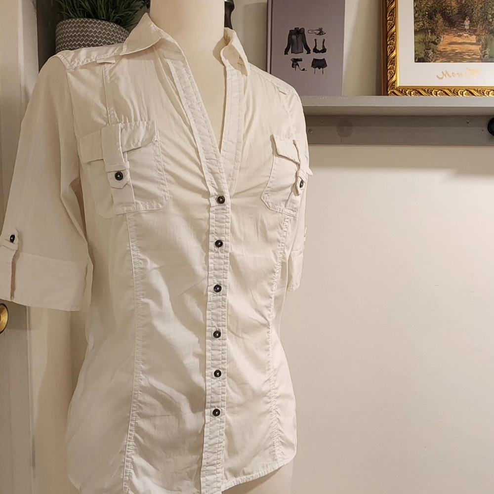 Off-WhiteCotton V-Neck Blouse,Size Large,Zara